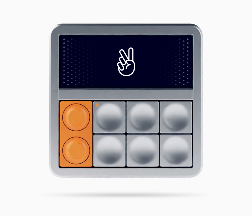 Photo of a hypothetical macro keypad device with a victory sign icon on the screen